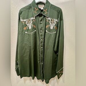 Men’s Vintage Green Steer Skull & Arrow Chain Stitch Embroidered Western Shirt